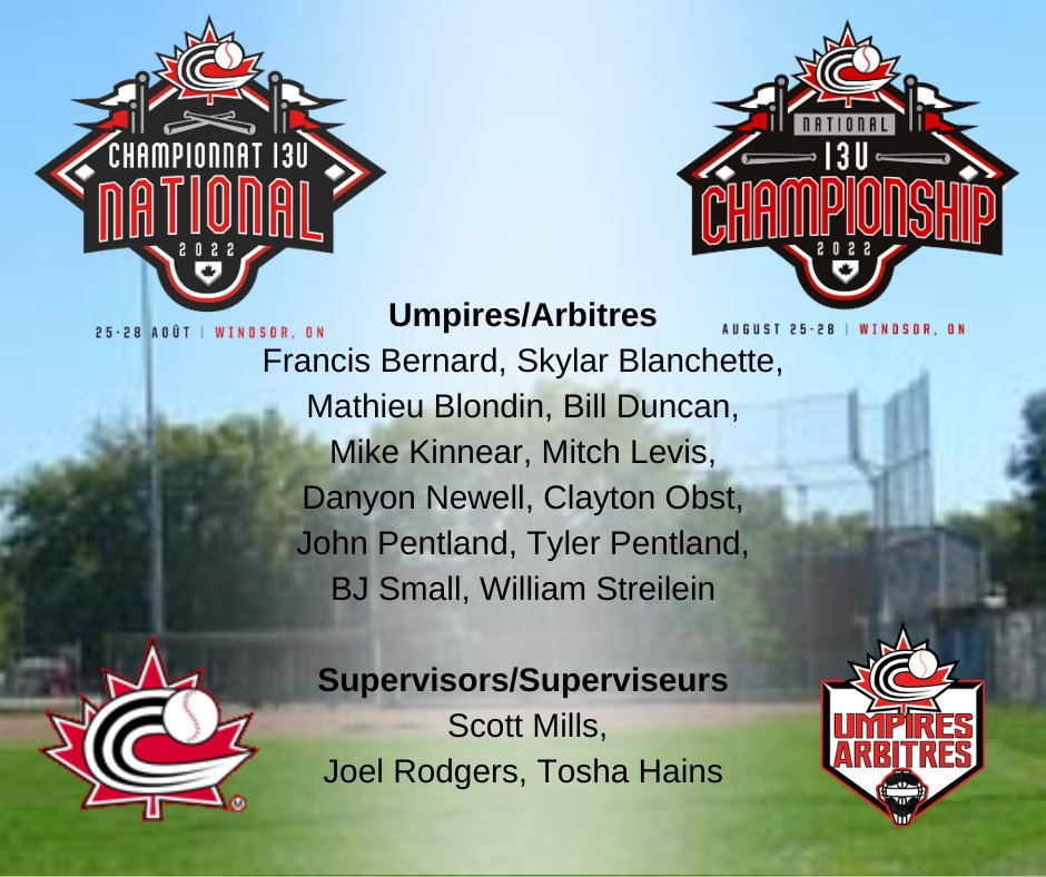 The 13U National Championship is in Windsor, Ontario this year. We wish a great tournament to all the umpires.
Le championnat national 13U a lieu à Windsor en Ontario cette année. Nous souhaitons un bon tournoi à tous les arbitres présents.
