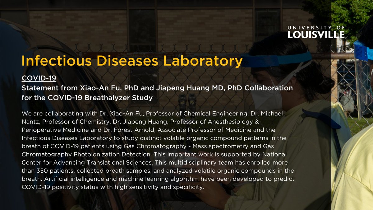UofLDID's tweet image. Xiao-An Fu, PhD from the UofL School of Engineering, and Jiapeng Huang MD, PhD from the UofL School of Medicine collaborated with the ID COVID-19 Biorepository to collect and process more than 350 breath samples for the COVID-19 Breathalyzer Study.
#IDLab #COVID-19
