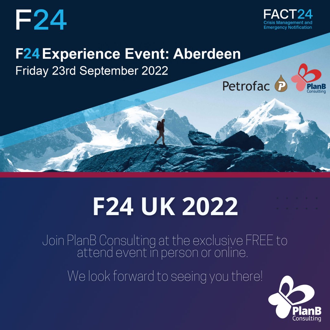 𝗙𝟮𝟰 𝗘𝘅𝗽𝗲𝗿𝗶𝗲𝗻𝗰𝗲 𝗘𝘃𝗲𝗻𝘁: 𝗔𝗯𝗲𝗿𝗱𝗲𝗲𝗻

This year's F24 event for crisis managers, emergency responders and business continuity practitioners is fast approaching. Join PlanB at the event on the 23rd September. 

To register, please visit:
lnkd.in/eWXS-MEj