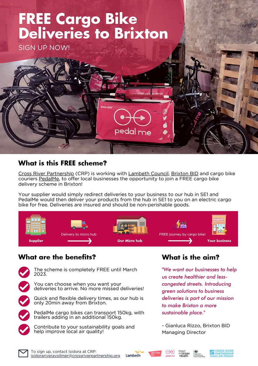 hernehillforum's tweet photo. Businesses in Brixton are being offered a free cargo bike delivery scheme thanks to @CrossRiverPship @lambeth_council @BrixtonBID &amp; @pedalmeapp. Interested business can get in touch with CRP directly 👇🏾. Would businesses be interested in a similar scheme in #HerneHill? https://t.co/mMMxMCKKqb