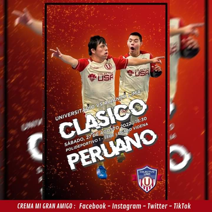 #FutsalDown: Este sábado 27 de Agosto a partir de las 6:30 PM en la Videna Polideportivo 1 sede legado se jugará el primer clásico de la historia. Vamos a alentarlos, ellos también son Universitario y merecen de nuestro aliento. 🗣️💛❤️

📸: @ColectivoUSA

#CREMAMIGRANAMIGO