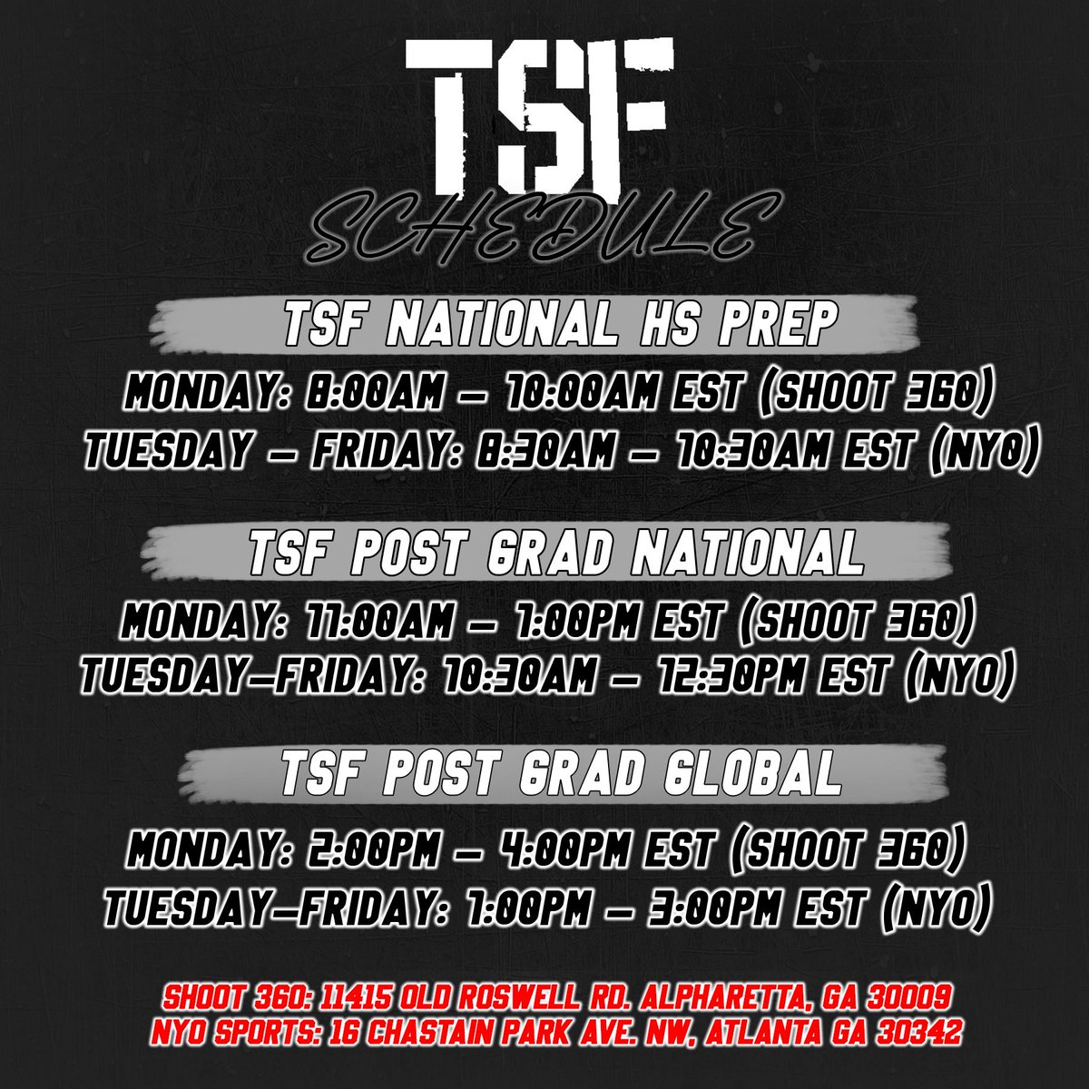 ‼️ COLLEGE COACHES‼️

Come check out your 2022-23 TSF National HS Prep team this September!

Monday: 8:00-10:00am (<a href="/Shoot360ATL/">Shoot 360 ATL</a>)
Tues-Fri: 8:30-10:30am (<a href="/NYOSportsATL/">Northside Youth Org.</a>) 

Please reach out to <a href="/TreyScotti/">Trey Scotti</a> <a href="/JaySlone15/">Jay Slone</a> <a href="/KTMobley/">Kevin Mobley</a> for any additional information!