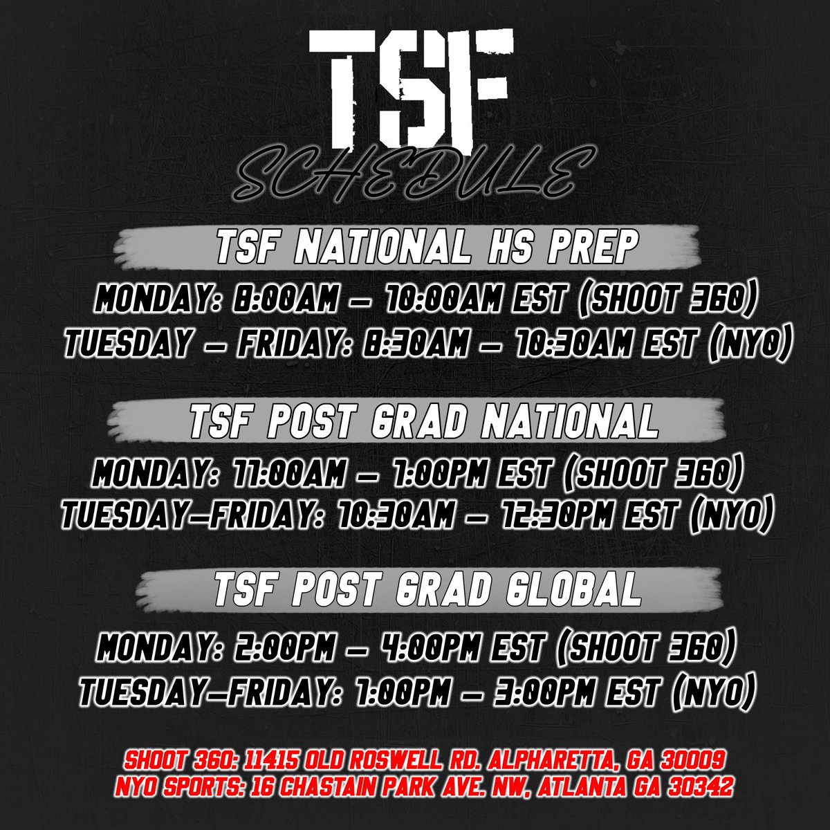‼️ COLLEGE COACHES‼️ Come check out your 2022-23 TSF National HS Prep team this September! Monday: 8:00-10:00am (@Shoot360ATL) Tues-Fri: 8:30-10:30am (@NYOSportsATL) Please reach out to @TreyScotti @JaySlone15 @KTMobley for any additional information!