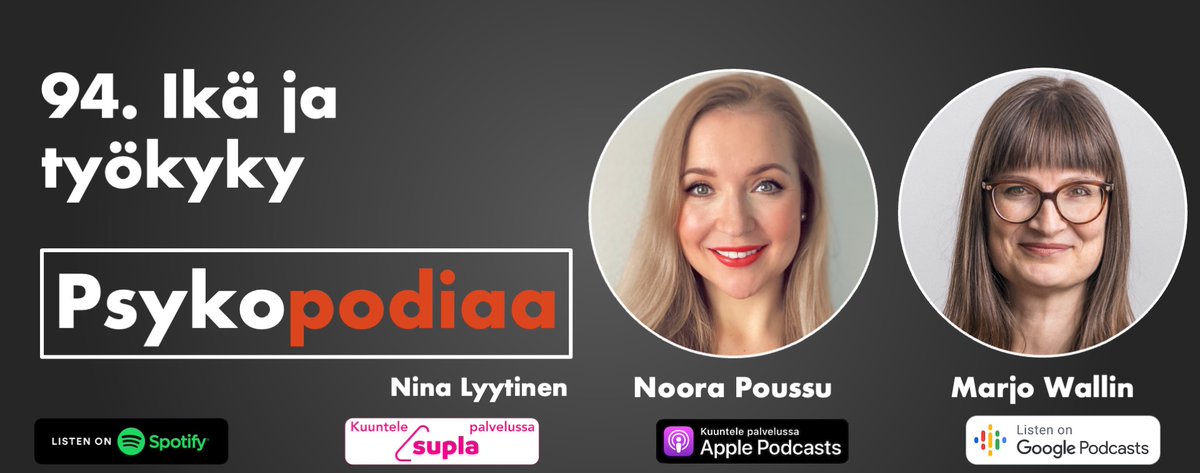 Ikä, työkyky ja työelämän ennakkoluulot. Elon työkykyjohtamisen kehittämispäälliköt Noora Poussu ja <a href="/WallinMarjo/">Marjo Wallin</a> puhuvat tästä kiinnostavasta aiheesta Psykopodiaa-podcastissa. Mainio @LyytinenNina toimii keskustelun vetäjänä.

Kuuntele #Psykopodiaa: spoti.fi/3QRHK9Z