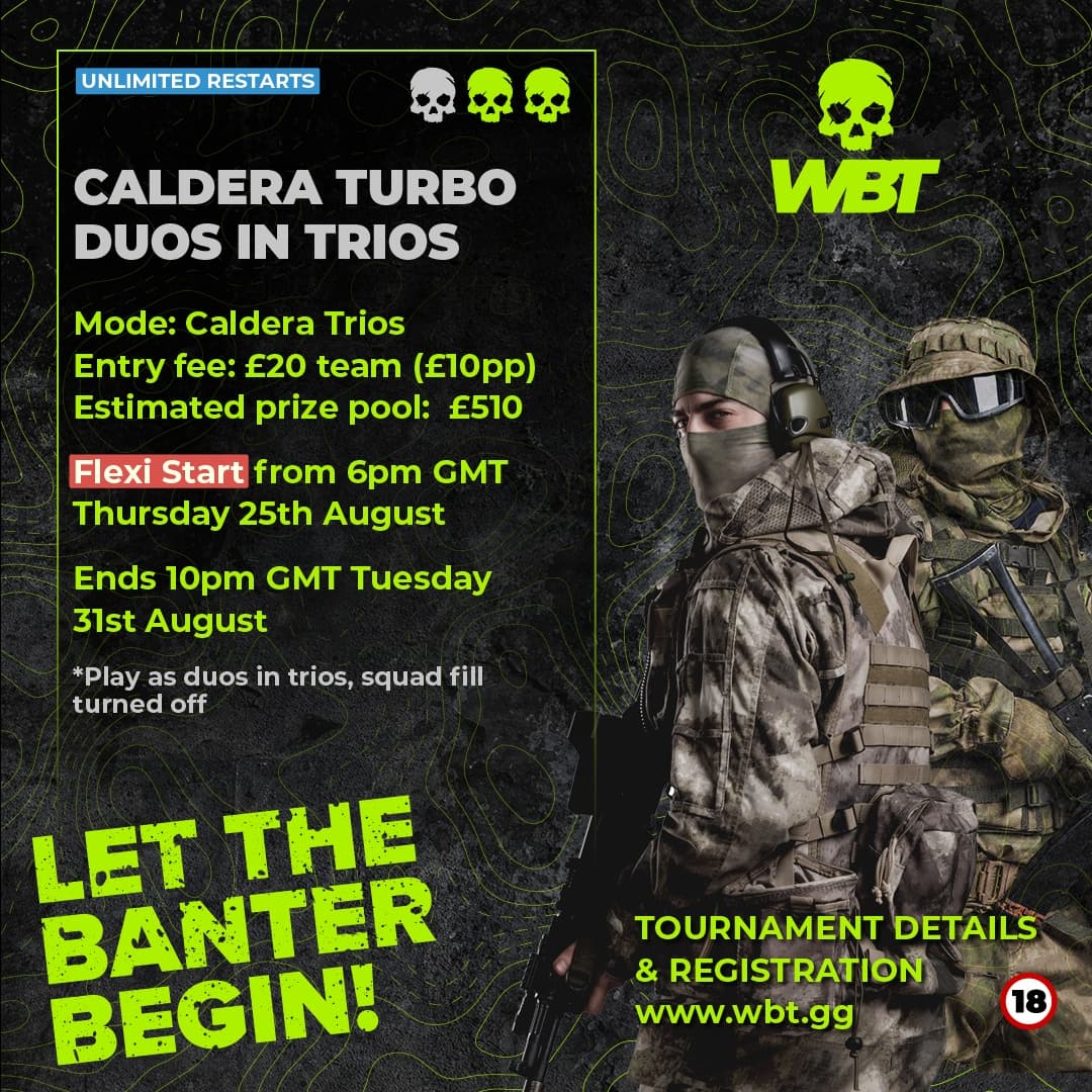 Wbt_gg's tweet photo. Starting tonight at 6pm (UK time)
#wbt #callofduty #warzone #caldera #duos #botrace #tkr #timedkillrace #killrace
ESTIMATED POT so hit the RT button. More players more prize poolπ₯
Register ππ½ https://t.co/t6nEDPTvue https://t.co/qaYiZGZZWq