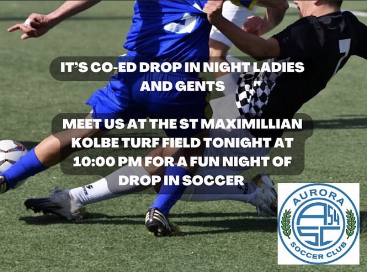 ASC_Soccer's tweet photo. That time of week again!

The Aurora Soccer Club is hosting our weekly Co-Ed drop in match tonight!

Be there for a night of recreational fun! https://t.co/4KFepfNInz