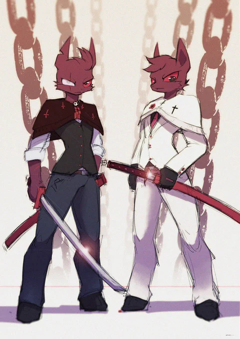 #CultoftheLamb #cultofthelambfanart 待ち受けし者の側近のBaalとAymにスーツと日本刀を着せてみたら、かなりヤ〇ザになりました。 
