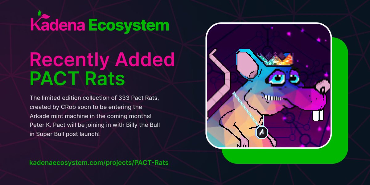 KadenaEcosystem's tweet photo. ๐ฃ Recently Added ๐ฃ
@pact_rat ๐created by @cnrob1985 soon to be entering the @ArkadeFun mint machine in the coming months!
๐Check them out!
๐https://t.co/UlWgtBLRI3
#Kadena #NFT #KPN #KDANFTSummer https://t.co/9PI2K5Vtvp