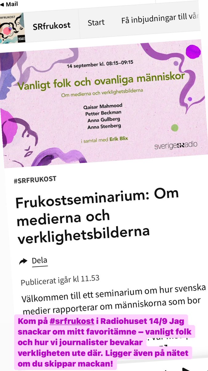 gullrunn's tweet photo. Kom på #srfrukost 14/9 i Radiohuset. Jag snackar om mitt favoritämne – vanligt folk &amp; hur vi journalister bevakar dem, medverkar gör @qaismah @AnnaStenberg2 @ErikBlix @PetterBeckman  @CillaBenko Ligger även som podcast (för fysisk närvaro med frulle krävs anmälan) @sverigesradio https://t.co/Pw2V1hSLk8