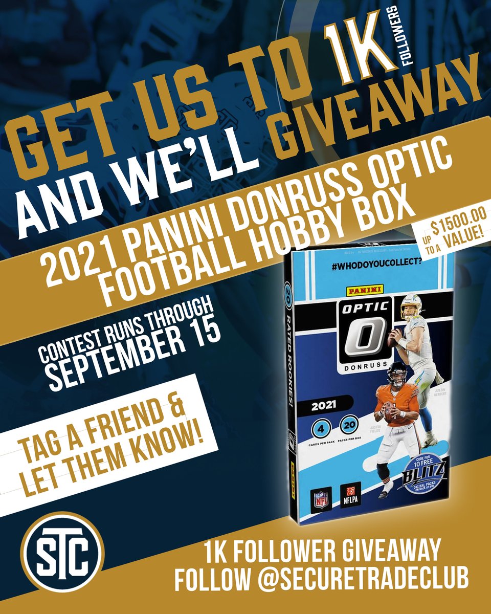 Want to win a <a href="/PaniniAmerica/">Panini America</a> Donruss Optic Football Hobby Box?
Get us to 1K followers on Instagram and it could be yours!
All you have to do is,
1. Follow Secure Trade Club
2. Retweet this
3. Tag 3 of your collector buds in the comments!

*Winner must film the box break!*