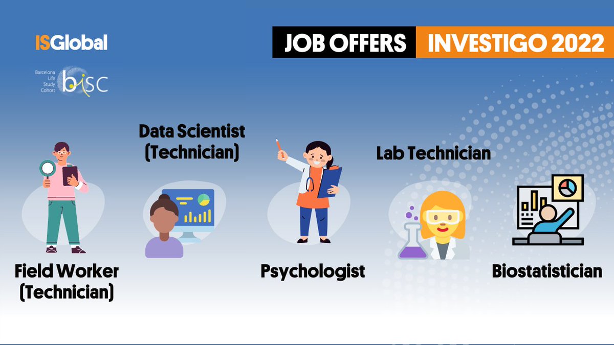 ISGLOBALorg's tweet photo. A través del programa #INVESTIGO2022, ampliamos el equipo del @ProjecteBiSC. Buscamos...
🔍 Trabajador/a de campo
📊 #DataScientist
🧠 #Psicólogo/a
⚗️ Técnico/a de laboratorio
💻 #Bioestadístico/a
+Info:
➡️ https://t.co/yf7X49rbvj
#ProjecteBiSC cc @gencat @recercat @the_prbb https://t.co/sP1O688EgW