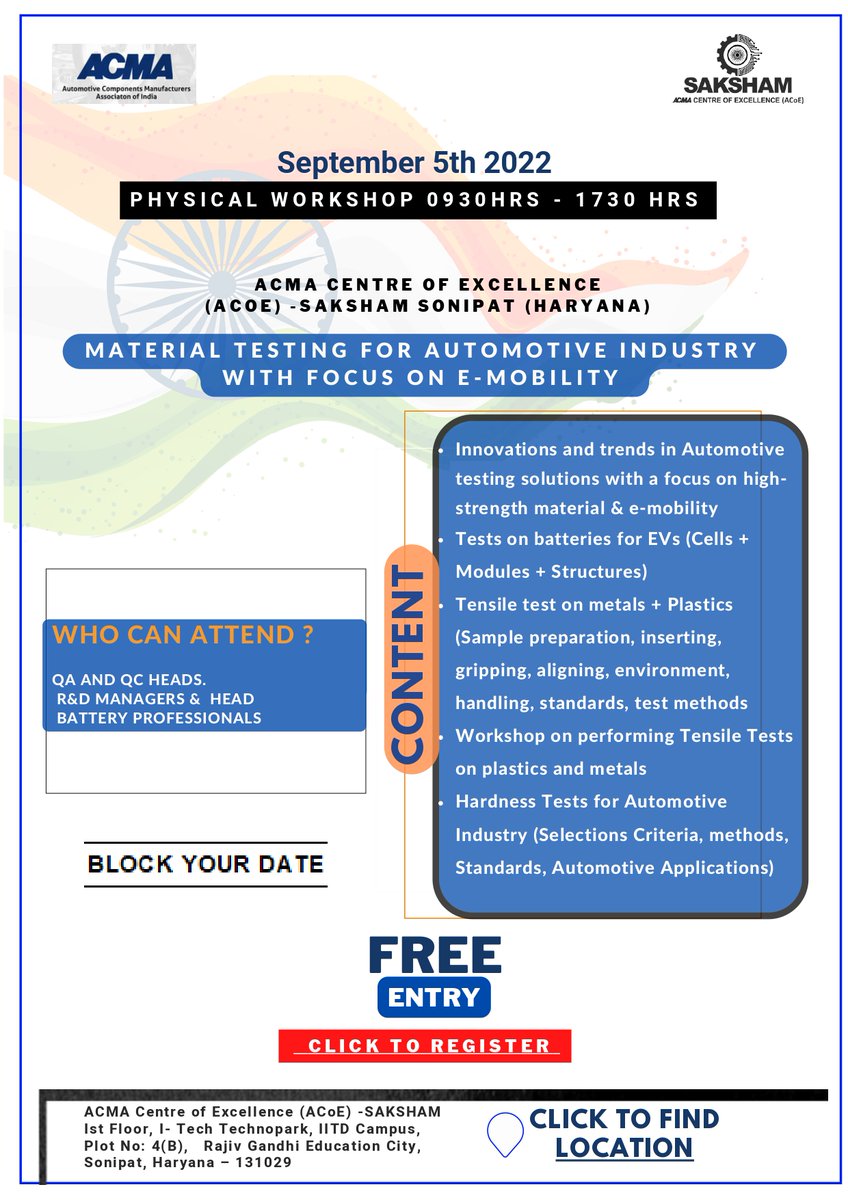 ACMAIndia's tweet photo. ACMA and Zwick Roell are organizing an intriguing workshop on ‘Material Testing For Automotive Industry With Focus On E-Mobility’  featuring a live demonstration of the Tensile test in a 20kN UTM. https://t.co/d5Xc1zI2eK