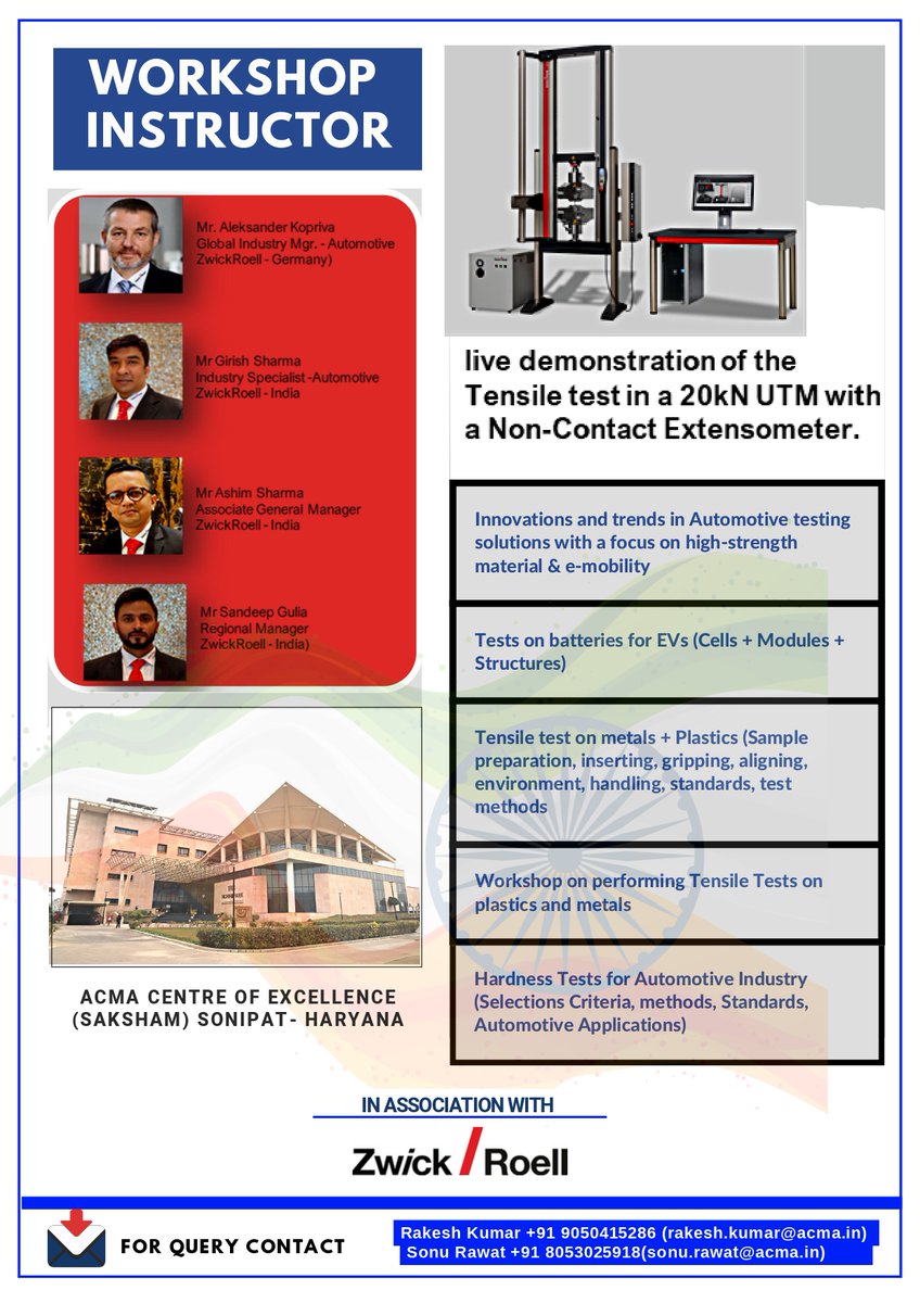 ACMAIndia's tweet photo. ACMA and Zwick Roell are organizing an intriguing workshop on ‘Material Testing For Automotive Industry With Focus On E-Mobility’  featuring a live demonstration of the Tensile test in a 20kN UTM. https://t.co/d5Xc1zI2eK