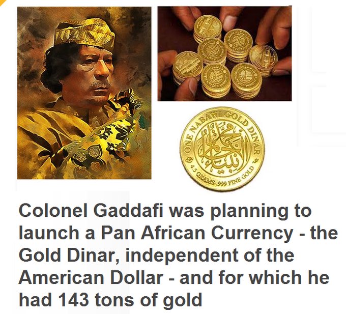 putinmoskva1's tweet photo. Kolonel Gaddafi , dibunuh karena dia akan meluncurkan Mata Uang Pan Afrika - dinar emas
Pada tahun 2009, Gaddafi sebagai Presiden Uni Afrika, ia menyarankan negara-negara Afrika untuk beralih ke mata uang baru, terlepas dari Dolar Amerika: DINAR EMAS https://t.co/BlG8mkhRYI