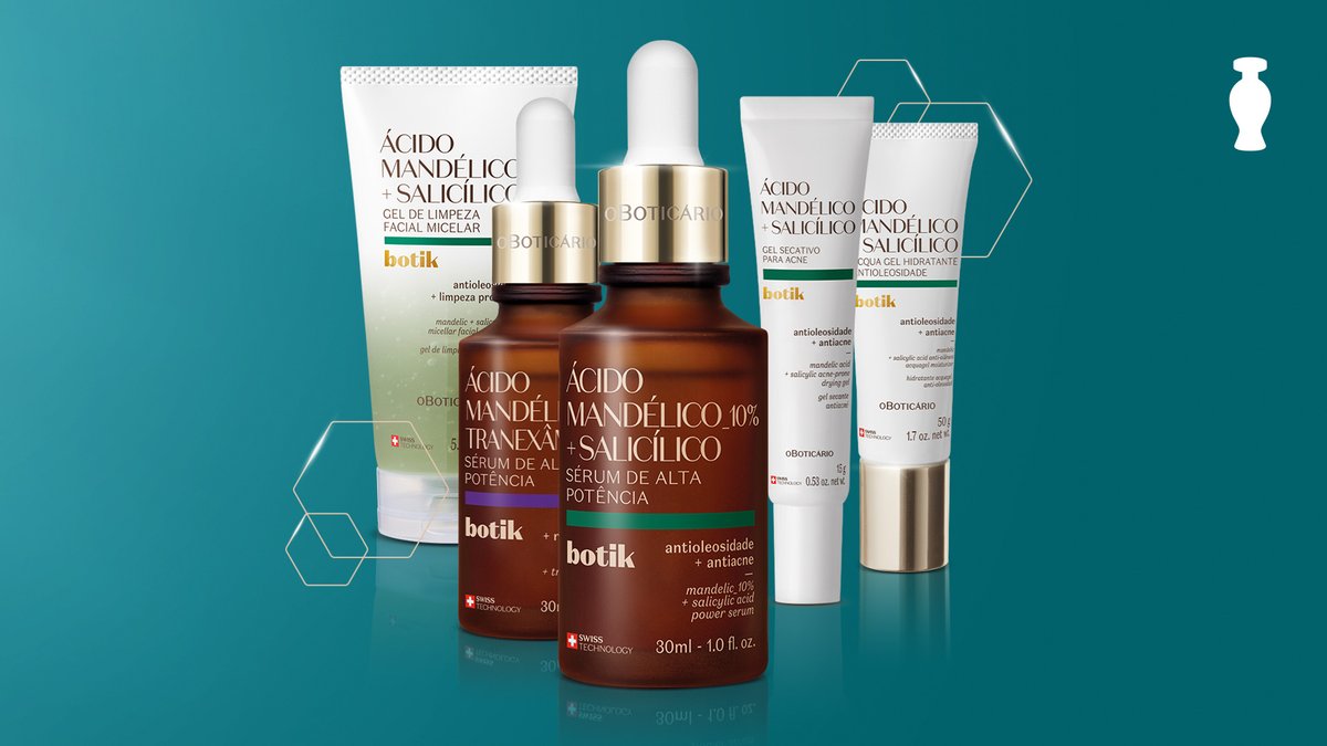 oBoticario's tweet photo. A revolução chegou!
Diga adeus à oleosidade e à acne com essa linha de produtos de Botik: é ácido mandélico, salicílico & tranexâmico para cuidar da sua pele.
#TchauPeleOleosa #botik https://t.co/Tt55qOzW2x