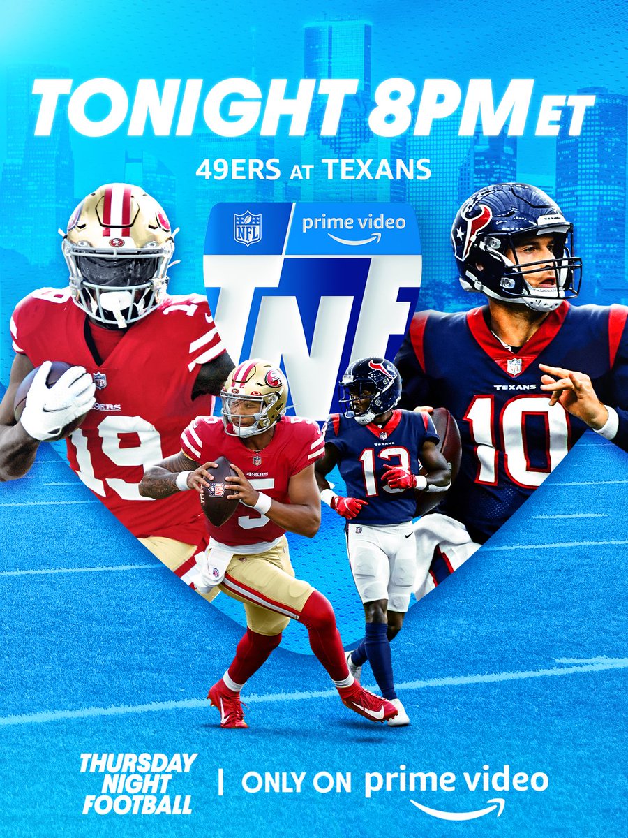 NFLonPrime's tweet photo. The wait is almost over ⏳

The @49ers take on the @HoustonTexans on Thursday Night Football tonight at 8 PM ET, only on @PrimeVideo.

#TNFonPrime https://t.co/pXvU5mONzI