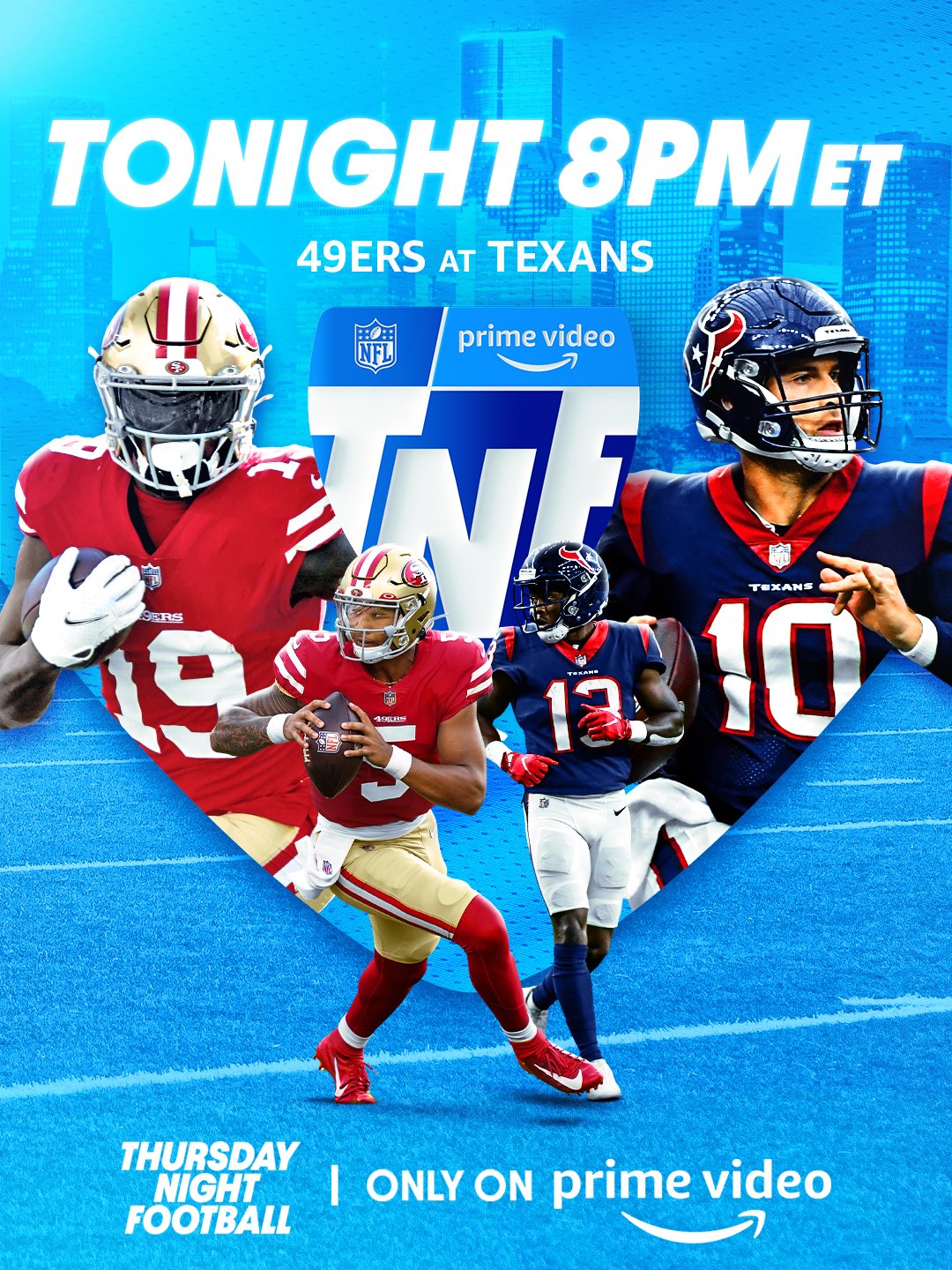 NFL on Prime Video on X: 'The wait is almost over ⏳ The @49ers take on the  @HoustonTexans on Thursday Night Football tonight at 8 PM ET, only on  @PrimeVideo. #TNFonPrime  /