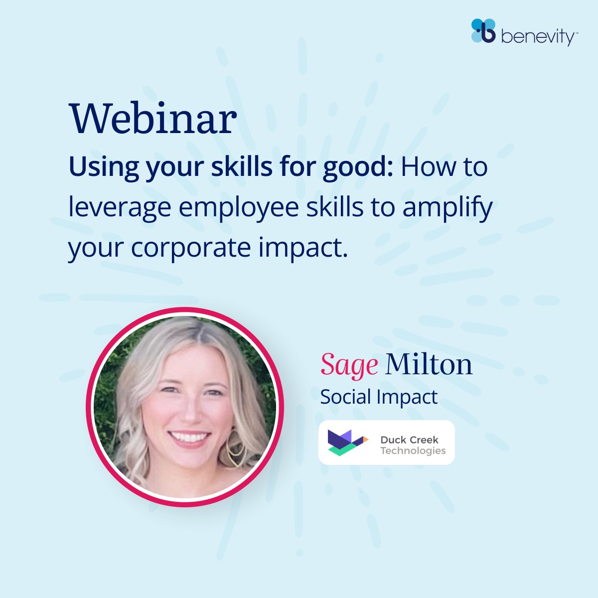 Alayagood's tweet photo. 🫂 We're two weeks away from our webinar on how to leverage employee skills to amplify your corporate impact!
If you'd like to learn how Sage helps maximise corporate impact at Duck Creek Technologies, then join us September 8 at 4 PM CET: https://t.co/Pwsy4gzjYx https://t.co/VidDOARUqH