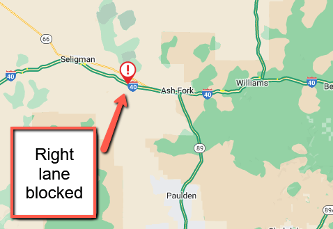 I-40 westbound at milepost 134 near Ash Fork: A vehicle fire is blocking the right lane.

#aztraffic #I40 https://t.co/Vee9YAJBoF