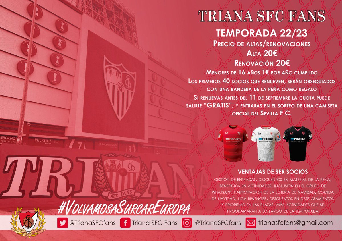 TrianaSFCFans's tweet photo. 𝐓𝐞𝐦𝐩𝐨𝐫𝐚𝐝𝐚 𝟐𝟎𝟐𝟐/𝟐𝟎𝟐𝟑 🔴⚪️

Que mejor día para comenzar a navegar todos juntos un año más...

👉🏼Renovación/nuevas altas: https://t.co/DK16O5tOz9

📩 Para cualquier duda consúltanos a través de nuestras redes sociales o correo electrónico.

#VolvamosASurcarEuropa https://t.co/QqfOCO5wSL