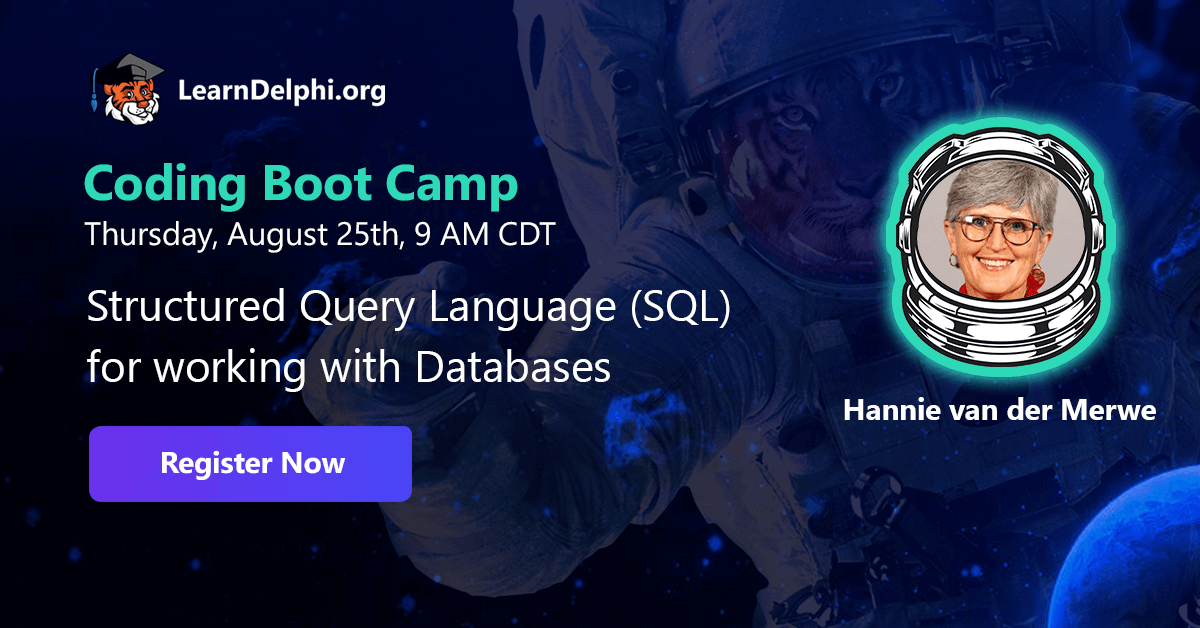 learndelphi's tweet photo. It’s day 4 of https://t.co/aLgMTu0sAM's #CodingBootCamp2022! Join us at 9 am CDT to learn “Structured Query Language (SQL) for working with Databases” from renowned expert Hannie van der Merwe. Register to watch: https://t.co/3iJBG5HmVa #programming #coding https://t.co/Ks8R4Mvm6q