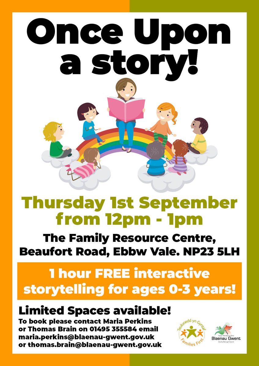 bgfis's tweet photo. Once Upon a story!  Thursday 1st September from 12pm - 1pm
The family Resource Centre, Beaufort Road, Ebbw Vale NP23 5LH.
Book by calling 01495 355584 or email maria.perkins@blaenau-gwent.gov.uk or thomas.brain@blaenau-gwent.gov.uk https://t.co/3QepcUfUYz