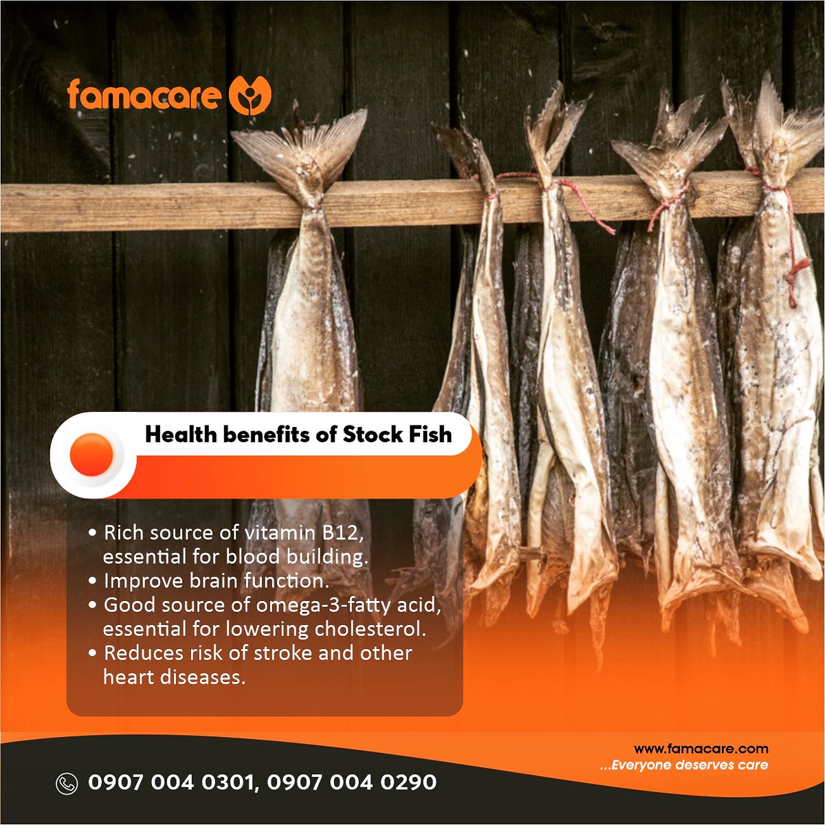 famacare's tweet photo. Health benefits of Stock Fish:
β’ Rich source of vitamin B12, essential for blood building.
β’ Improve brain function.
β’ Good source of omega-3-fatty acid, essential for lowering cholesterol.
β’ Reduces risk of stroke and other heart diseases.
#healthyeating #stroke #famacare https://t.co/kqkQDboMUF