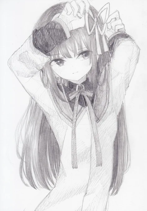 シャーペンで描きました。魔法少女まどか☆マギカから、暁美ほむらです。リボンほむらちゃん#魔法少女まどかマギカ 