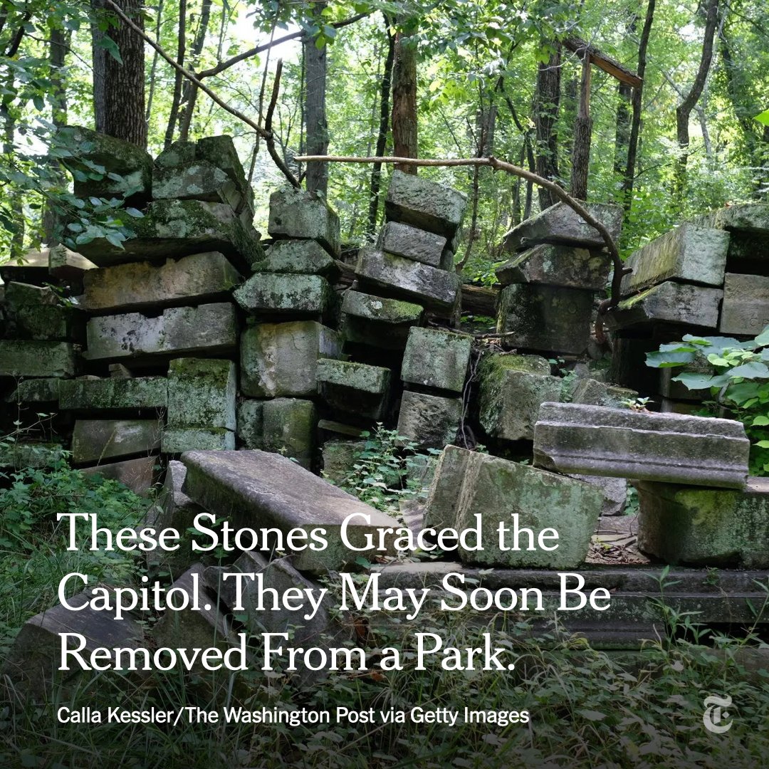nytimes's tweet photo. Hundreds of stones that were once part of the U.S. Capitol Building were long abandoned off an unmarked trail at a park in Washington, D.C., becoming an unofficial attraction.

But soon they will be relocated and removed from public view.
https://t.co/lFUVAcG4iM https://t.co/RuBmy8UYjK