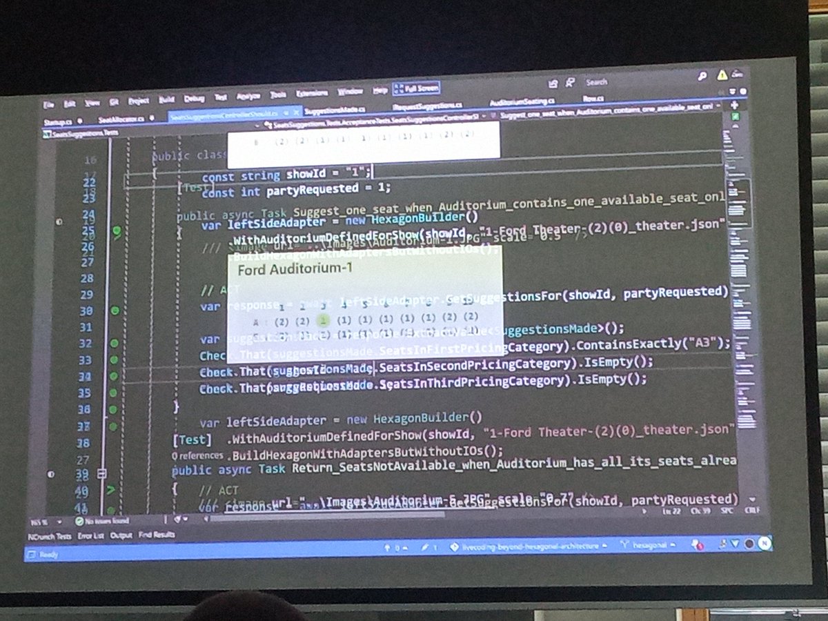 quilaztlia's tweet photo. C# 🥰🤓in action to Craft our Hexagonal Archi understanding at @SoCraTes_Conf by @tpierrain. #SoCraTes2022 https://t.co/jBGldltXQk