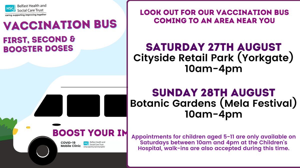 🚌 Vaccination Bus 🚌 This Weekend! The Vaccination Centre at the RVH is open for walk-in vaccinations: - Mon - Fri: 8.30am – 6pm (last walk-in 5.30pm) - Sat & Sun: 10am - 4pm *5-11yr olds: Sat 10am - 4pm at the Children's Hospital only. Full details: belfasttrust.hscni.net/covid-19-vacci…