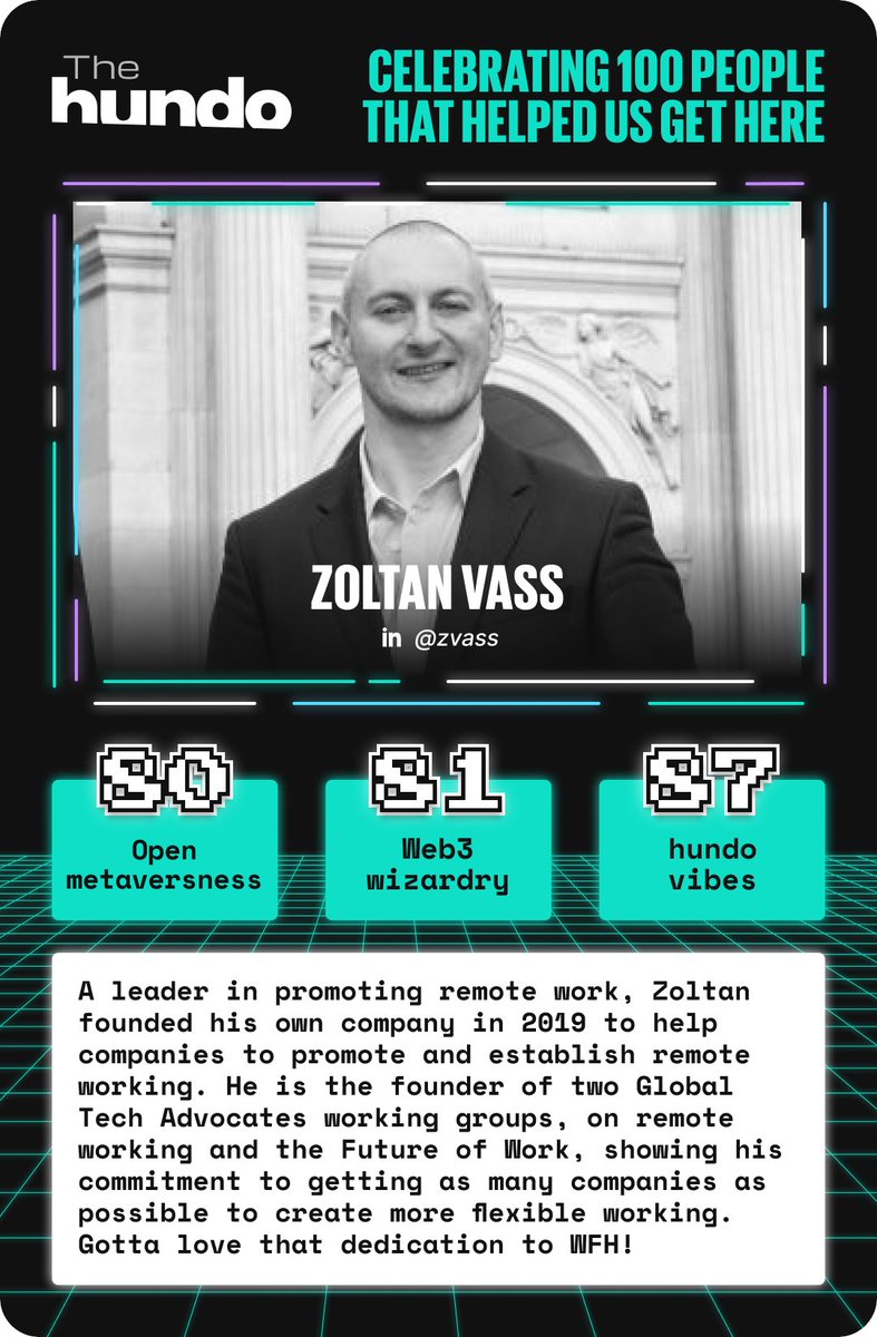 hundo_xyz's tweet photo. ⚡️76 days till #CareerCon22 ⚡️

Our next #hundo100 goes to the founder of two @GlobalTechAdv groups, the remote working, and @GTA_FoW. Welcome to our #hundo100 community Zoltan Vass.

Full post - https://t.co/dTrGdt6vrU https://t.co/xrInBYDyTg