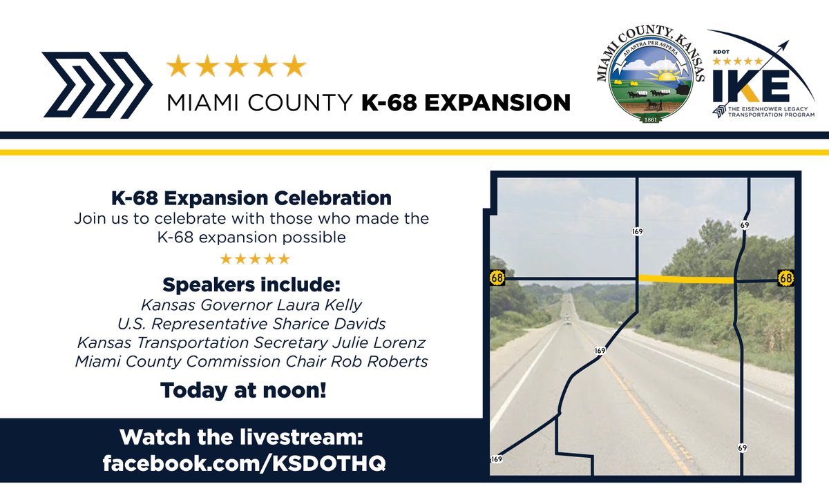 KDOTHQ's tweet photo. K-68 Expansion Project Celebration happening TODAY AT NOON! @GovLauraKelly , @RepDavids and @SecJulieLorenz will join @MiamiCountyKS officials as they celebrate the announcement of the K-68 expansion project.
The event will be livestreamed on https://t.co/tEJRMksWqi https://t.co/0oqk4r1Ovy