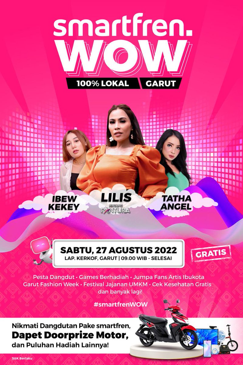 hatta10's tweet photo. DAH SIAP BERGOYANG????                        Yuk datang ke #smartfrenWOW Garut, tanggal 27 Agustus 2022 di Lap. Kerkof, mulai dari jam 9 pagi! Ada doorprize motor&amp;hadiah lainnya menunggumu.Diantos nya! 😻🫶 #SmartfrenCommunity #UnlimitedBebasWorry @smartfrenworld @SF_Community_ https://t.co/Jd3nTwI8FL