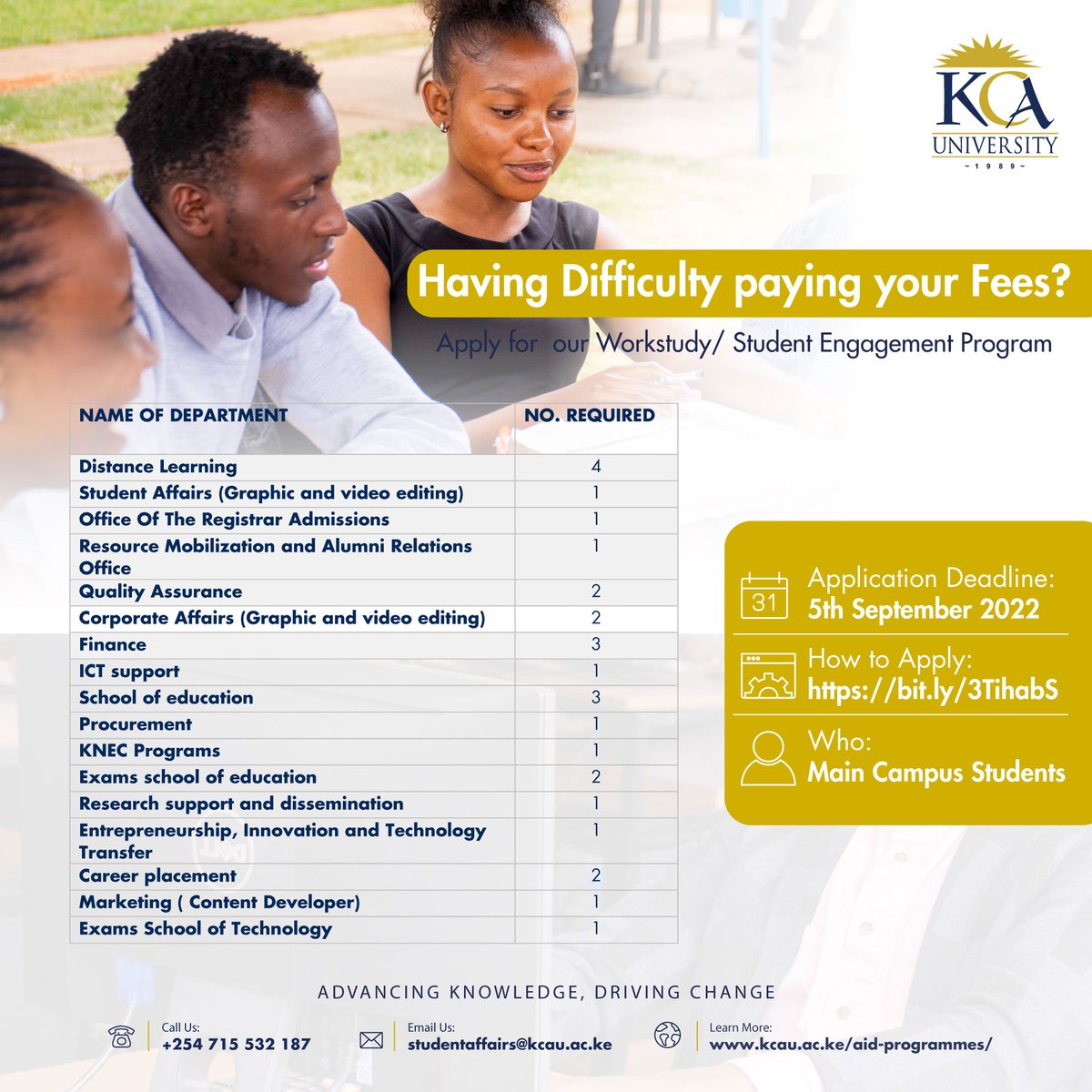kcauniversity's tweet photo. Are you interested in being considered for work-study? We invite applications for the vacancies listed here.

Under these programmes, we are able to help an average of 30 students each trimester/semester to get financial support to pay fees and upkeep. #NoLimitsAnywhere https://t.co/Sp7VsTzGFf