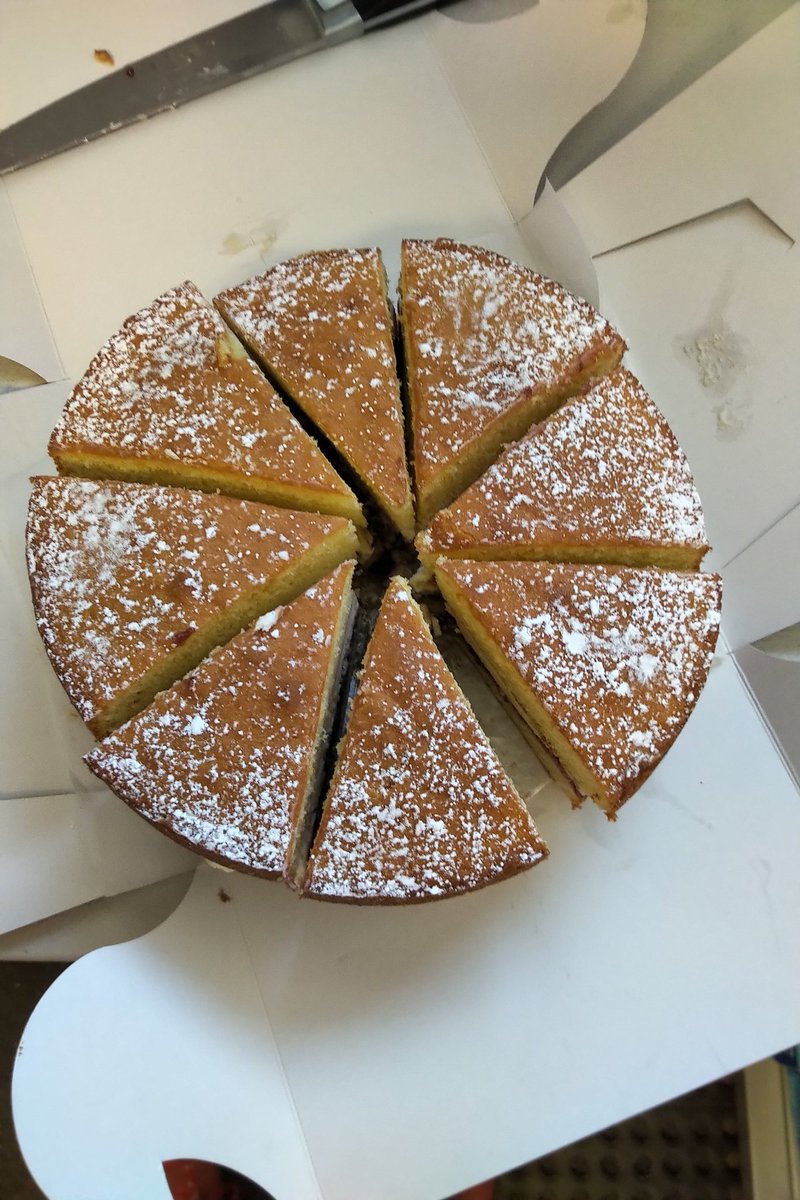 This is how many good size slices we were able to get out of our NEW Victoria Sponge made with Double Cream and Ontario grown Raspberry Jam were taste testing at the moment. We should have these ready for retail in the next couple of weeks.....stay tuned