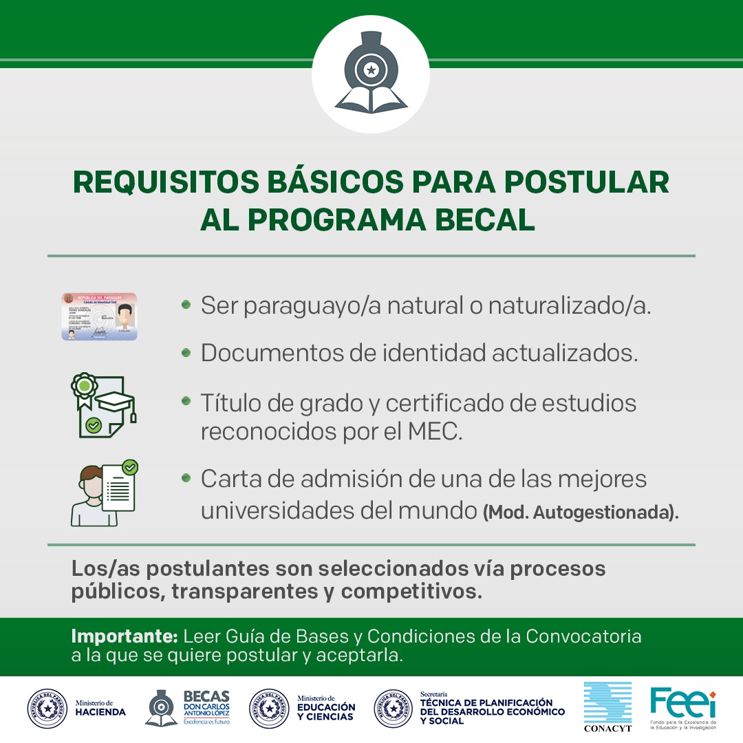 🎓#BECAL insta a interesados conocer quiénes pueden postularse a las próximas convocatorias

Es importante tener en cuenta los requisitos y modalidades de las becas

Para despejar dudas podes revisar las preguntas frecuentes🔎 becal.gov.py/v2/preguntas-f…

➡️ bit.ly/3clTQto
