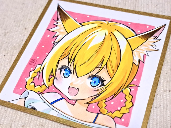 明後日あたりで通販から下げる予定のときめぐり展セットですが、豆色紙風のミニイラスト(裏面サイン入り)を描いたのでセットに入れることにしました。お値段は据え置きにしようと思うので、通販ページ更新前のご注文でも原画セットで発送いたします #booth_pm 