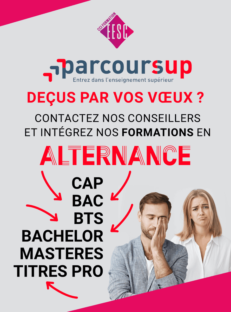 CCI FORMATION EESC (@eesc54) on Twitter photo Déçus par vos vœux #Parcoursup ? 😒
Il n'est pas trop tard pour intégrer l'une de nos formations en alternance pour la rentrée à #Laxou, #Nancy, #Longwy, #Lunéville, #Joeuf ou #Blénod-lès-Pont-à-Mousson.
📱 03 83 95 36 00
✉️ contact@eesc.fr !
Catalogue : fr.calameo.com/cci-formation-… Déçus par vos vœux #Parcoursup ? 😒
Il n'est pas trop tard pour intégrer l'une de nos formations en alternance pour la rentrée à #Laxou, #Nancy, #Longwy, #Lunéville, #Joeuf ou #Blénod-lès-Pont-à-Mousson.
📱 03 83 95 36 00
✉️ contact@eesc.fr !
Catalogue : fr.calameo.com/cci-formation-…