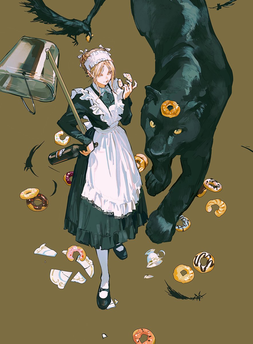 1girl maid food crow apron blonde hair dress  illustration images