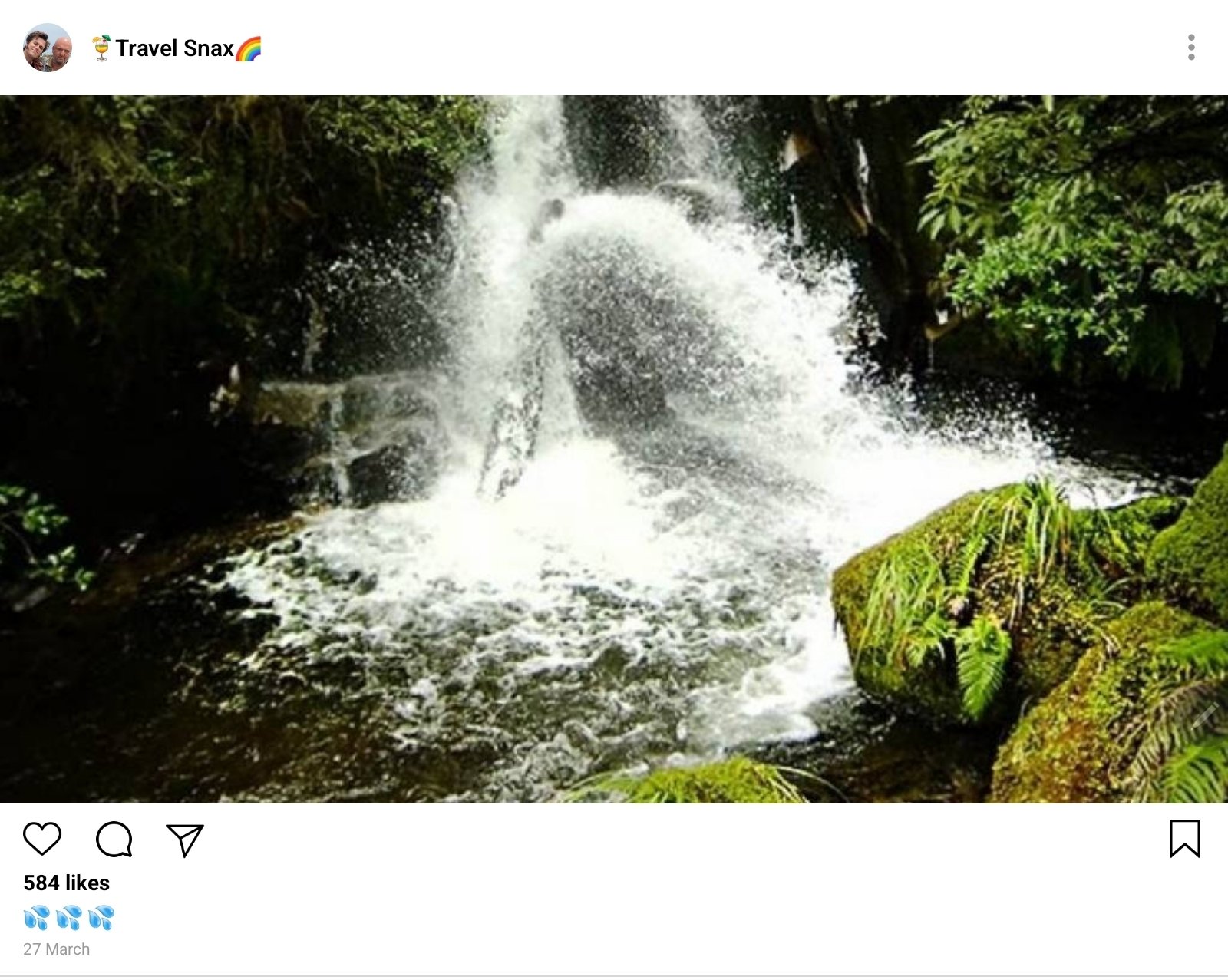 A post from Lucius and Pete's IG account, Traval Snax. Picture of the waterfall. The caption is three splash emoji. 