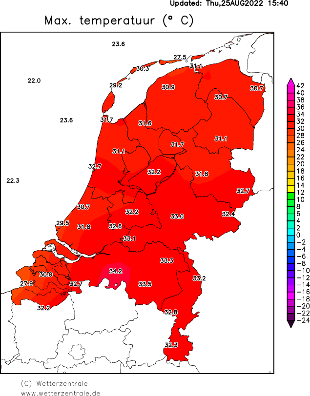 weermanrobert's tweet photo. 🌡️ Nog een #datumrecord: niet eerder werd het ergens in Nederland op 25 augustus zo warm (zolang er gemeten wordt). Gilze-Rijen kwam net met 34,2 graden. Daarmee is het oude record van 25 augustus 1997 verbroken. Toen werd het 34,1 graden. https://t.co/5fIPqNZozw