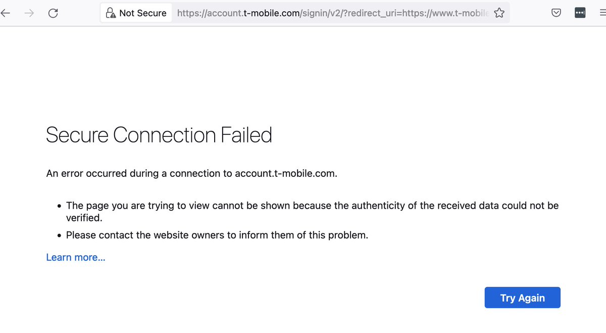 dlamb115's tweet photo. @TMobileHelp i can't log in to pay my bill. looks like your ssl cert is expired/timing out. tried several browsers. https://t.co/T3zbULs9U3