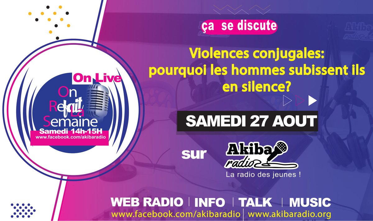 AkibaRadio's tweet photo. Plusieurs  hommes subissent coups, mauvais traitements et/ou atteintes sexuelles au sein de leur couple. Seulement 3% osent porter plainte.

Violences conjugales: pourquoi les hommes choisissent ils de subir en silence?

On en parle ce samedi à partir de 14h sur @AkibaRadio https://t.co/6i1lyRJgLa