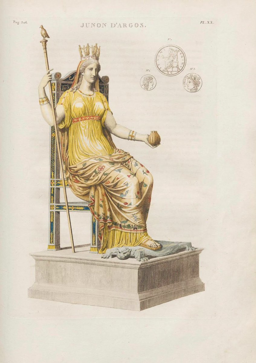 florafemina's tweet photo. A rendition (1814) of the colossal statue of Hera housed at the Heraion of Argos. She holds a pomegranate and her scepter is topped with a cuckoo. Her crown is adorned with both the Hourai and the Kharites, and her throne depicts scenes from the marriage of Hebe to Heracles. https://t.co/EdkXYCPl4i