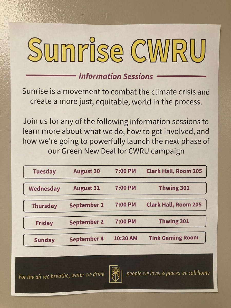 Learn more about Sunrise #CWRU, a movement to combat the climate crisis and create a more just, equitable world in the process. They have several information sessions next week so you can get involved and learn about what they do.