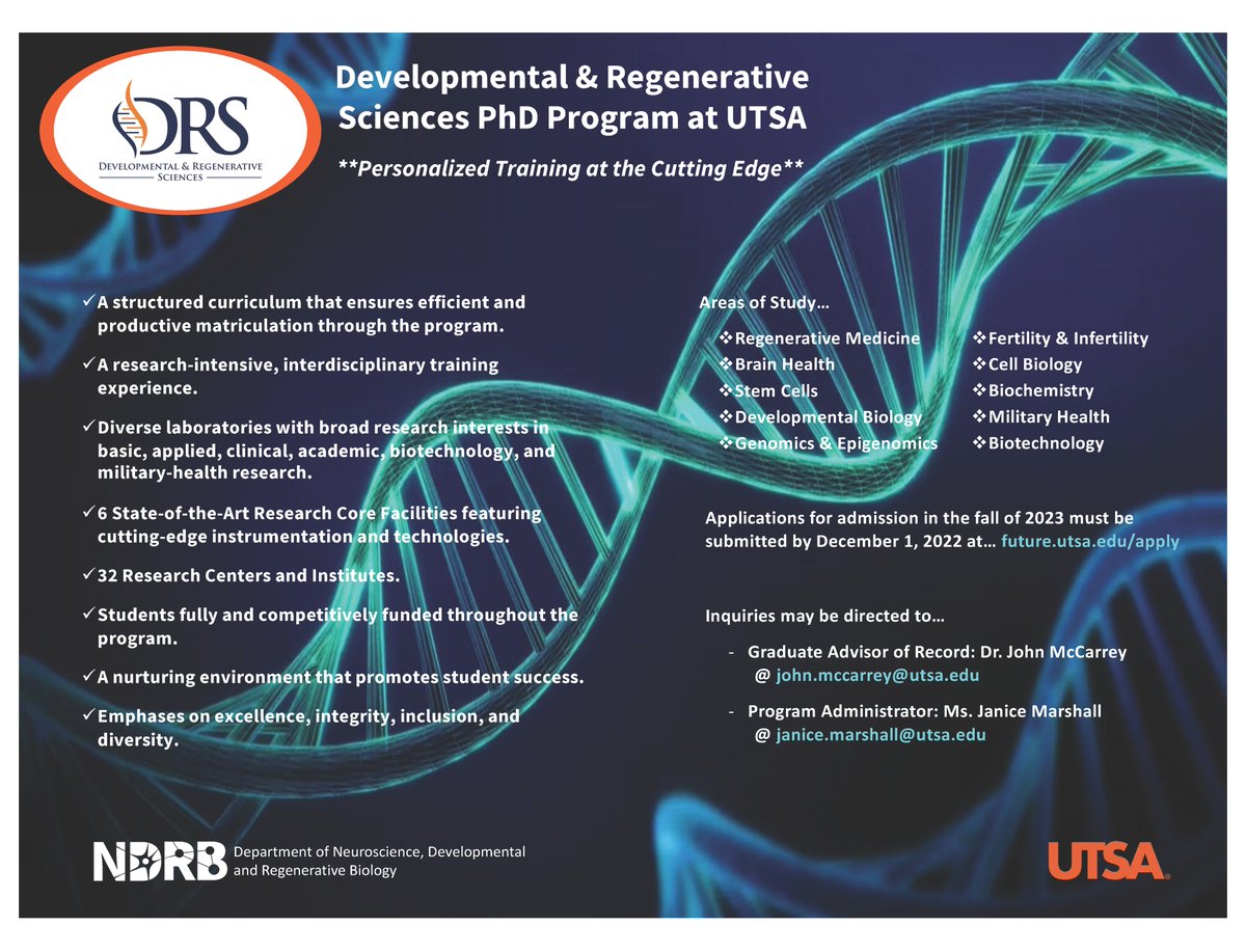 UTSA NDRB (@utsaneurodevre1) on Twitter photo We are excited to present to you the new DRS PhD program! It will feature research opportunities in state-of-the-art laboratories pursuing cutting-edge studies in basic, applied, clinical and biotechnology areas of Regenerative Medicine and Developmental Biology. We are excited to present to you the new DRS PhD program! It will feature research opportunities in state-of-the-art laboratories pursuing cutting-edge studies in basic, applied, clinical and biotechnology areas of Regenerative Medicine and Developmental Biology.