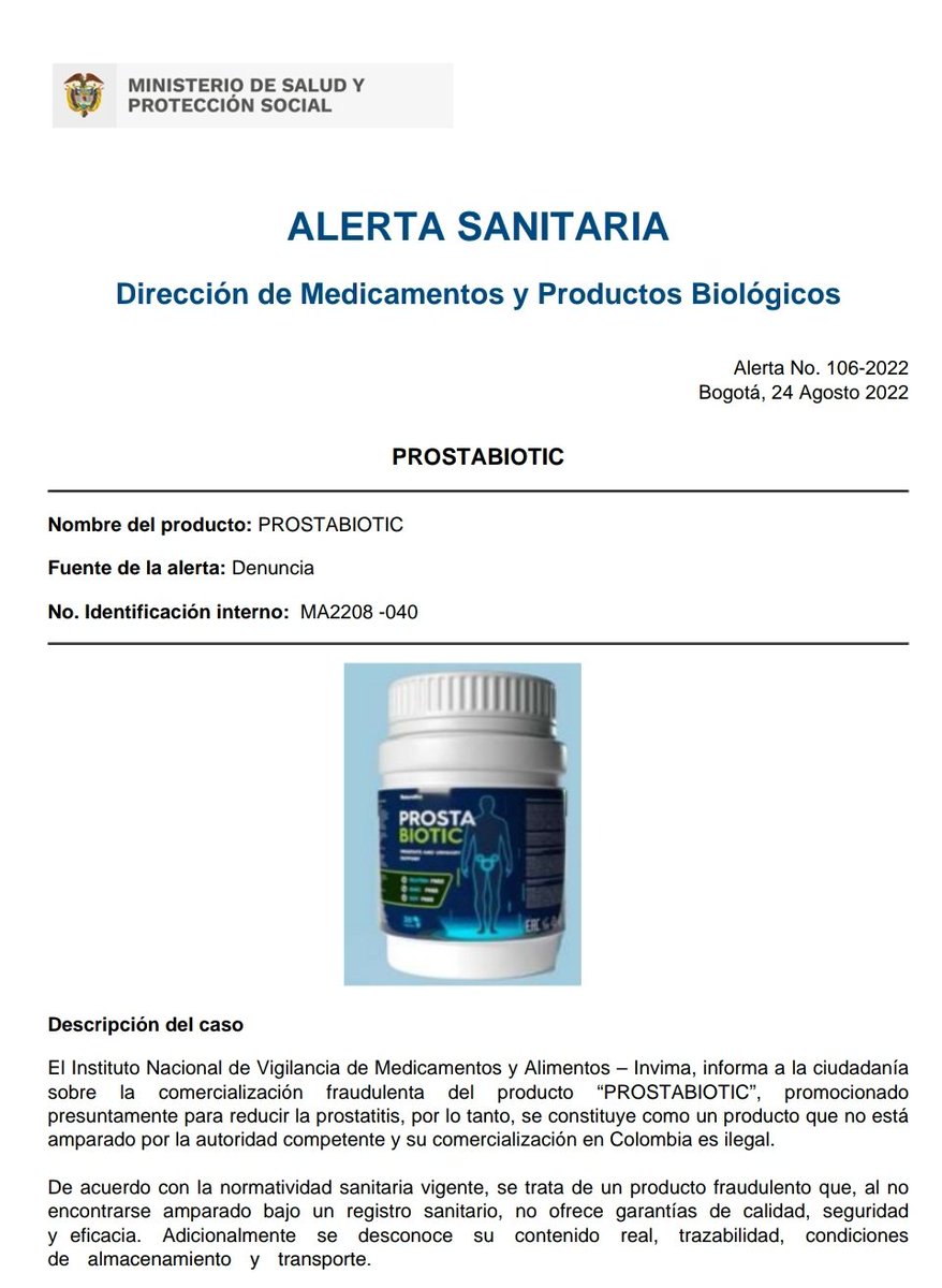 invimacolombia's tweet photo. ⚠️ #AlertaSanitaria 🚨 informamos sobre la comercialización fraudulenta del producto “PROSTABIOTIC”, promocionado para reducir la prostatitis; este producto no está amparado por la autoridad competente y su comercialización en Colombia es ilegal. ❌

⬇️ https://t.co/zH0QxVgIFw https://t.co/ePpCGQSAK9