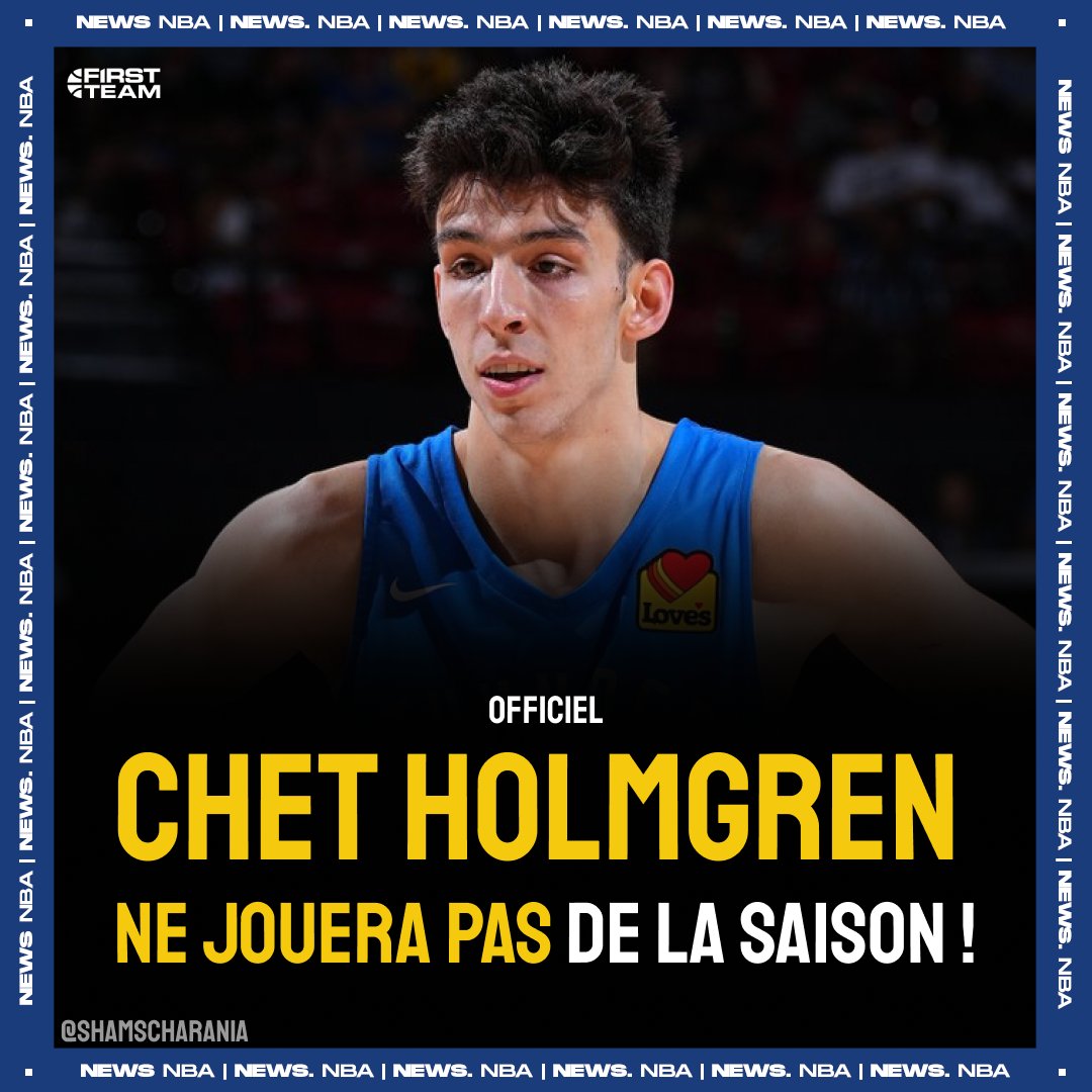 FirstTeam101's tweet photo. CHET HOLMGREN VA MANQUER TOUTE LA SAISON 2022-2023 🚨🚨🚨

Le numéro 2 de la Draft ne va pas jouer de la saison à cause d'une blessure au pied droit 😳😳 https://t.co/LY1PHEj9rE