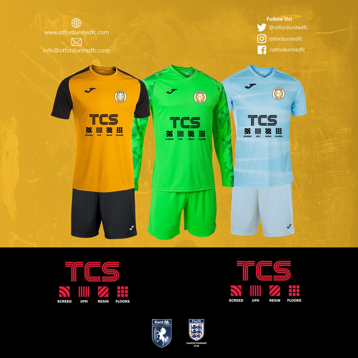 OtfordUnitedFC's tweet photo. 📢 ANNOUNCEMENT: We are delighted to have @TCS_Screeding continue their long standing support of the club by renewing their sponsorship for a brand new first team home AND away kit for the next two years! 🟠⚫️ #Otford #otfordunitedfc #oufc #COYO #UptheOs https://t.co/MVZFjJwbOn